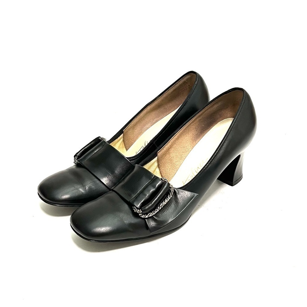 Vintage 1960s black leather wide strap mod buckle pilgrim heels
